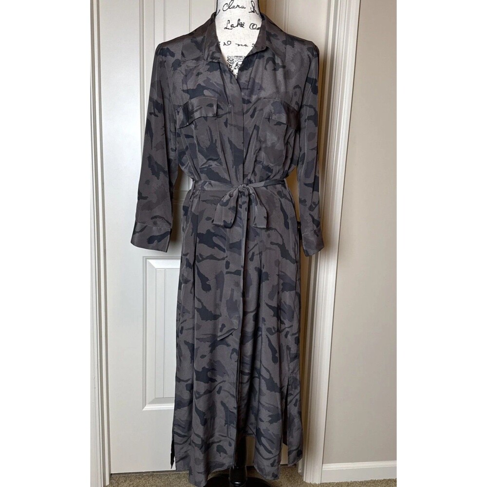 L Agence Button Front 3/4 Sleeve Abstract Silk Dress Purple Size M Designer Luxe